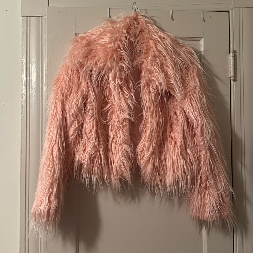 Faux fur open front shaggy cropped jacket